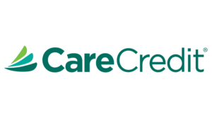Logo for CareCredit, featuring the word 'CareCredit' in green font with three green and blue swooshes to the left of the text.
